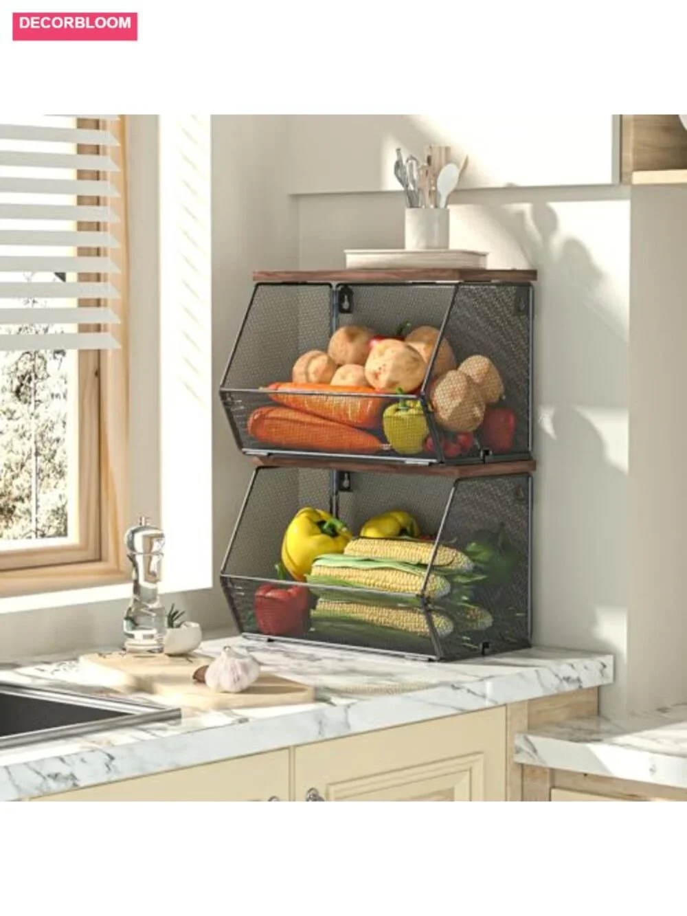 Wire Fruit Basket with Wood Lid Wall Mounted Stackable Kitchen Storage 3 Pack